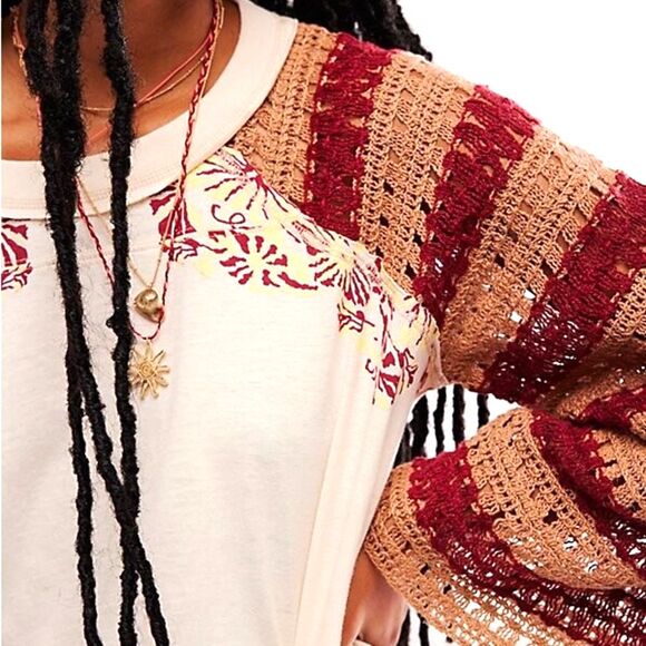Free People Festival Ready Tee Crochet Sleeve Cream & Rust Knit Top Size Large - Picture 6 of 16